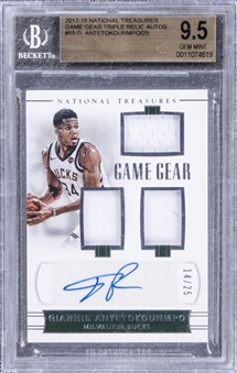 2017-18 Panini National Treasures Game Gear Triple Relics #15 Giannis Antetokounmpo Signed Patch Card (#14/25) - BGS GEM MT 9.5/ BGS 10